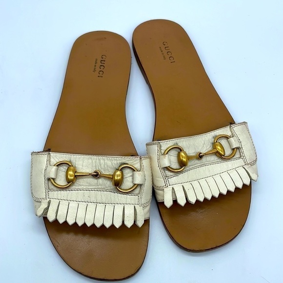 Gucci White leather trim horsebit flat slide sandals 39.5 - Picture 4 of 11